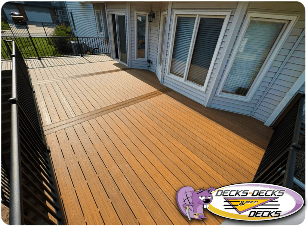 Modern Azek PVC deck with stainless steel cable railings in La Vista, Nebraska