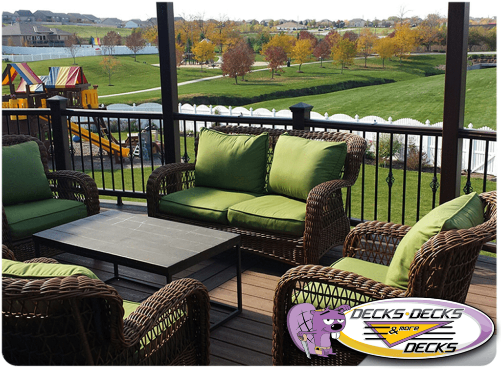 Elkhorn composite deck featuring fire table with lounge seating