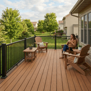 Modern composite deck with clean lines, neutral colors, and a functional 2026 outdoor living layout