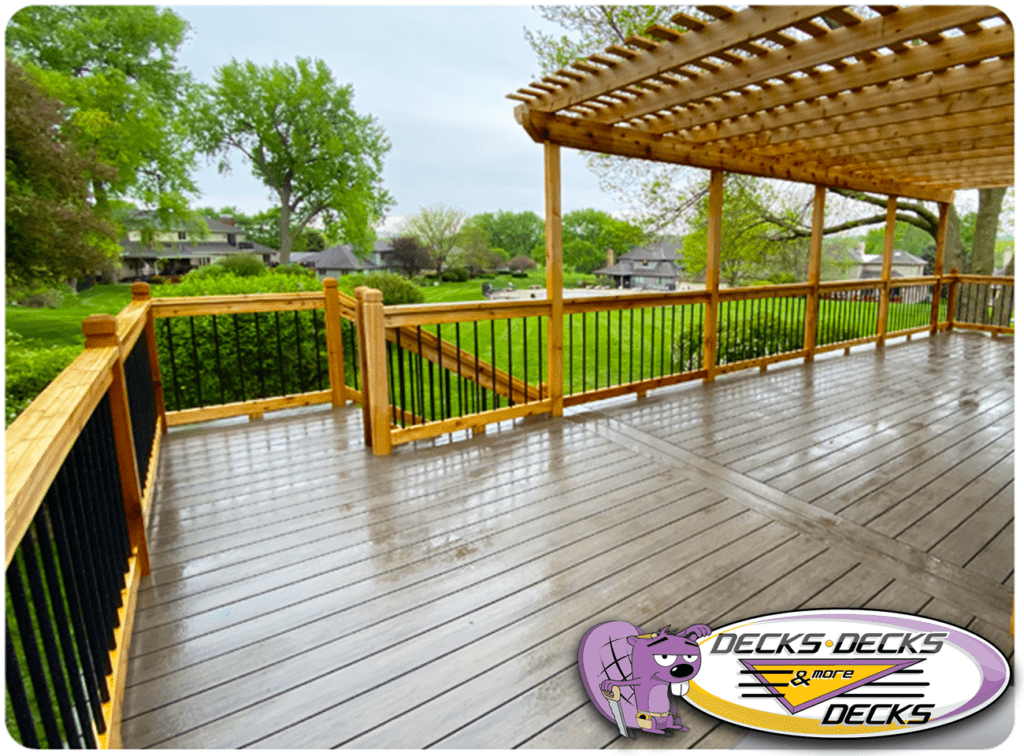 Springfield cedar pergola equipped with soft outdoor lighting and composite decking